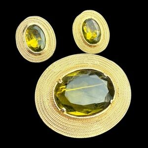 VTG Signed Accessocraft NY Oval Green Modernist Brooch & Earrings Gold Rope